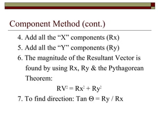 Component Method (cont.)
  4. Add all the “X” components (Rx)
  5. Add all the “Y” components (Ry)
  6. The magnitude of the Resultant Vector is
     found by using Rx, Ry & the Pythagorean
     Theorem:
                RV2 = Rx2 + Ry2
  7. To find direction: Tan Θ = Ry / Rx
 