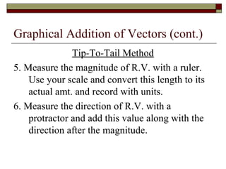 Graphical Addition of Vectors (cont.)
               Tip-To-Tail Method
5. Measure the magnitude of R.V. with a ruler.
    Use your scale and convert this length to its
    actual amt. and record with units.
6. Measure the direction of R.V. with a
    protractor and add this value along with the
    direction after the magnitude.
 