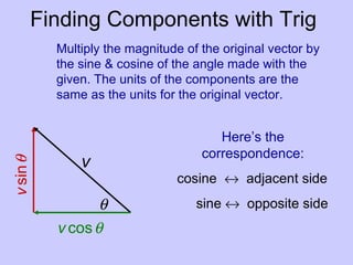 Finding Components with Trig
θ
v
v cosθ
vsinθ
Multiply the magnitude of the original vector by
the sine & cosine of the angle made with the
given. The units of the components are the
same as the units for the original vector.
Here’s the
correspondence:
cosine ↔ adjacent side
sine ↔ opposite side
 
