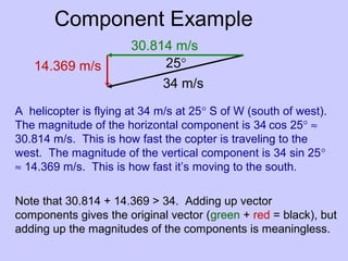 Note that 30.814 + 14.369 > 34. Adding up vector
components gives the original vector (green + red = black), but
adding up the magnitudes of the components is meaningless.
Component Example
34 m/s
30.814 m/s
25°14.369 m/s
A helicopter is flying at 34 m/s at 25° S of W (south of west).
The magnitude of the horizontal component is 34 cos 25° ≈
30.814 m/s. This is how fast the copter is traveling to the
west. The magnitude of the vertical component is 34 sin 25°
≈ 14.369 m/s. This is how fast it’s moving to the south.
 