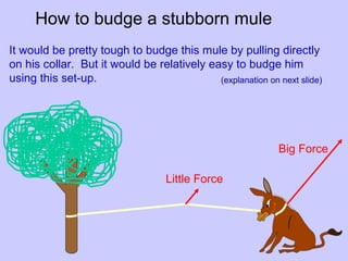 How to budge a stubborn mule
Big Force
Little Force
It would be pretty tough to budge this mule by pulling directly
on his collar. But it would be relatively easy to budge him
using this set-up. (explanation on next slide)
 