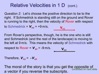 Question 2: Let’s choose the positive direction to be to the
right. If Schmedrick is standing still on the ground and Rover
is running to the right, then the velocity of Rover with respect
to Schmedrick = vRS = +9 m/s.
From Rover’s perspective, though, he is the one who is still
and Schmedrick (and the rest of the landscape) is moving to
the left at 9 m/s. This means the velocity of Schmedrick with
respect to Rover = vSR = -9 m/s.
Therefore, vRS = -vSR
The moral of the story is that you get the opposite of
a vector if you reverse the subscripts.
Relative Velocities in 1 D (cont.)
continued on next slide
vSR
vRS
 