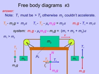 Free body diagrams #3
m2
m1m3
v
µk
m1 > m3
m1g
T1
m3g
T2
Note: T1 must be > T2 otherwise m2 couldn’t accelerate.
T2 - m3g = m3a T1 - T2 - µkm2g = m2a m1g - T1 = m1a
system: m1g - µkm2g - m3g = (m1 + m2 + m3)a
T1
T2
fk
m2g
N
answer:
 