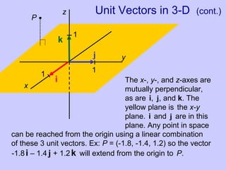 Unit Vectors in 3-D (cont.)
x
y
z
1
i
j
1
k
1
The x-, y-, and z-axes are
mutually perpendicular,
as are i, j, and k. The
yellow plane is the x-y
plane. i and j are in this
plane. Any point in space
can be reached from the origin using a linear combination
of these 3 unit vectors. Ex: P = (-1.8, -1.4, 1.2) so the vector
P
-1.8i – 1.4j + 1.2k will extend from the origin to P.
 