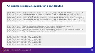 An example: corpus, queries and candidates
{"query_id": "q1", "doc_id": "d1", "rating": 2}
{"query_id": "q2", "doc_id": "d1", "rating": 2}
{"query_id": "q3", "doc_id": "d1", "rating": 2}
{"query_id": "q4", "doc_id": "d2", "rating": 2}
{"query_id": "q1", "doc_id": "d2", "rating": 0}
{"query_id": "q2", "doc_id": "d2", "rating": 0}
23
{"id": "q1", "text": "What is the nature and purpose of the mission the helicopter was on?"}
{"id": "q2", "text": "How did the helicopter crash in the Colombian jungle?"}
{"id": "q3", "text": "What is the involvement of U.S. technology or personnel in the Colombian drug war?"}
{"id": "q4", "text": "Why did the police use a Taser on the python?"}
{"id": "d1", "title": "Helicopter Crashes in Colombian Drug War, Kills 20", "text": "BOGOTA, … army said."}
{"id": "d2", "title": "Police Use Taser on Python to Free Man", "text": "UNIONTOWN, Pa. … not let go."}
{"id": "d3", "title": "Zidane apologizes for head butt", "text": "French soccer … and sister."}
{"id": "d4", "title": "Iraqi PM Says Sticking to January Election Plan", "text": "Iraqi Prime … insurgent."}
{"id": "d5", "title": "Ga. Crematory Operator to Plead Guilty", "text": "Relatives … guilty plea."}
{"id": "d6", "title": "Long-driving Kuehne finally breaks out of 2004 slump", "text": "Hank Kuehne … Kuehne"}
 