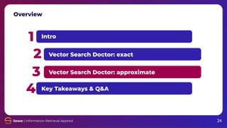 Overview
1
2
3
4
Intro
Vector Search Doctor: exact
Vector Search Doctor: approximate
Key Takeaways & Q&A
24
 