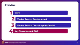 Overview
1
2
3
4
Intro
Vector Search Doctor: exact
Vector Search Doctor: approximate
Key Takeaways & Q&A
32
 