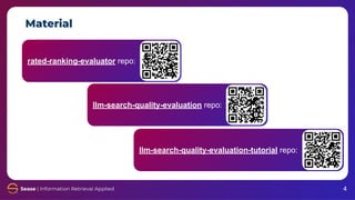 Material
rated-ranking-evaluator repo:
4
llm-search-quality-evaluation repo:
llm-search-quality-evaluation-tutorial repo:
 