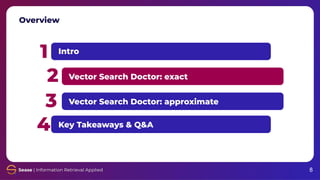 Overview
1
2
3
4
Intro
Vector Search Doctor: exact
Vector Search Doctor: approximate
Key Takeaways & Q&A
8
 