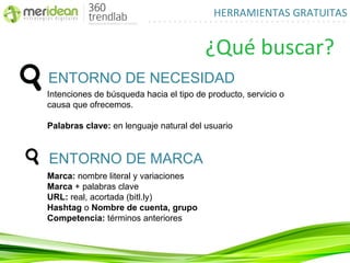 HERRAMIENTAS GRATUITAS


                                        ¿Qué buscar?
ENTORNO DE NECESIDAD
Intenciones de búsqueda hacia el tipo de producto, servicio o
causa que ofrecemos.

Palabras clave: en lenguaje natural del usuario


ENTORNO DE MARCA
Marca: nombre literal y variaciones
Marca + palabras clave
URL: real, acortada (bitl.ly)
Hashtag o Nombre de cuenta, grupo
Competencia: términos anteriores
 