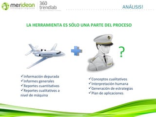ANÁLISIS!


   LA HERRAMIENTA ES SÓLO UNA PARTE DEL PROCESO




                                             ?
Información depurada
                            Conceptos cualitativos
Informes generales
                            Interpretación humana
Reportes cuantitativos
                            Generación de estrategias
Reportes cualitativos a
                            Plan de aplicaciones
nivel de máquina
 