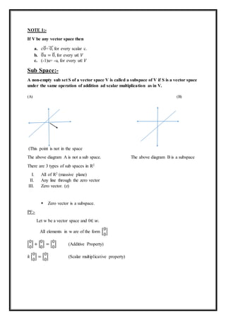 .
NOTE 1:-
If V be any vector space then
a. 𝑐0⃗ = 0,⃗⃗⃗⃗ for every scalar c.
b. 0⃗ 𝑢 = 0⃗ , for every u∈ 𝑉
c. (-1)u= -u, for every u∈ 𝑉
Sub Space:-
A non-empty sub set S of a vector space V is called a subspace of V if S is a vector space
under the same operation of addition ad scalar multiplication as in V.
(A) (B)
(This point is not in the space
The above diagram A is not a sub space. The above diagram B is a subspace
There are 3 types of sub spaces in R2
I. All of R2 (massive plane)
II. Any line through the zero vector
III. Zero vector. (z)
 Zero vector is a subspace.
PF:-
Let w be a vector space and 0∈ 𝑤.
All elements in w are of the form [
0
0
]
[
0
0
] + [
0
0
] = [
0
0
] (Additive Property)
𝑘 [
0
0
] = [
0
0
] (Scalar multiplicative property)
 