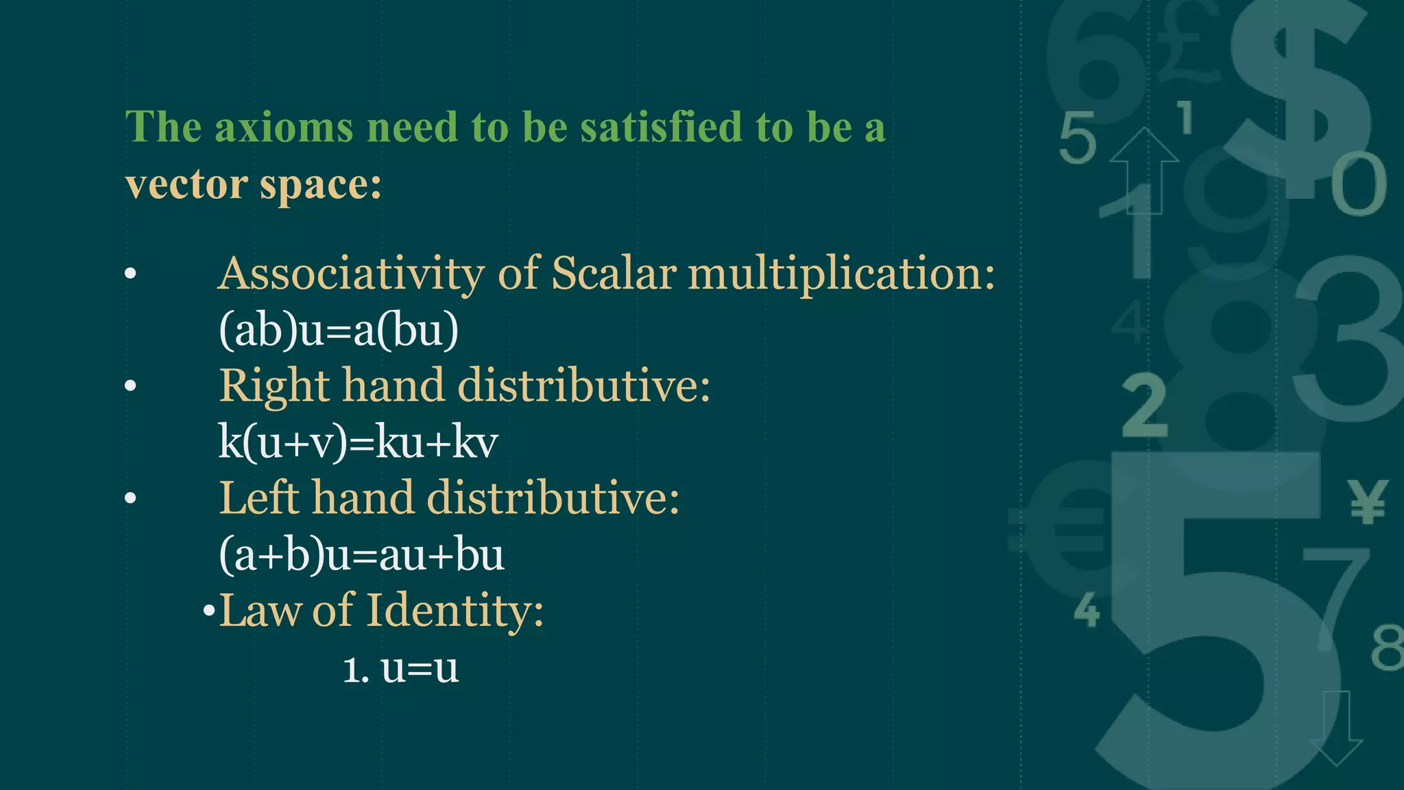 The axioms need to be satisfied to be a
vector space:
• Associativity of Scalar multiplication:
(ab)u=a(bu)
• Right hand distributive:
k(u+v)=ku+kv
• Left hand distributive:
(a+b)u=au+bu
•Law of Identity:
1. u=u
 