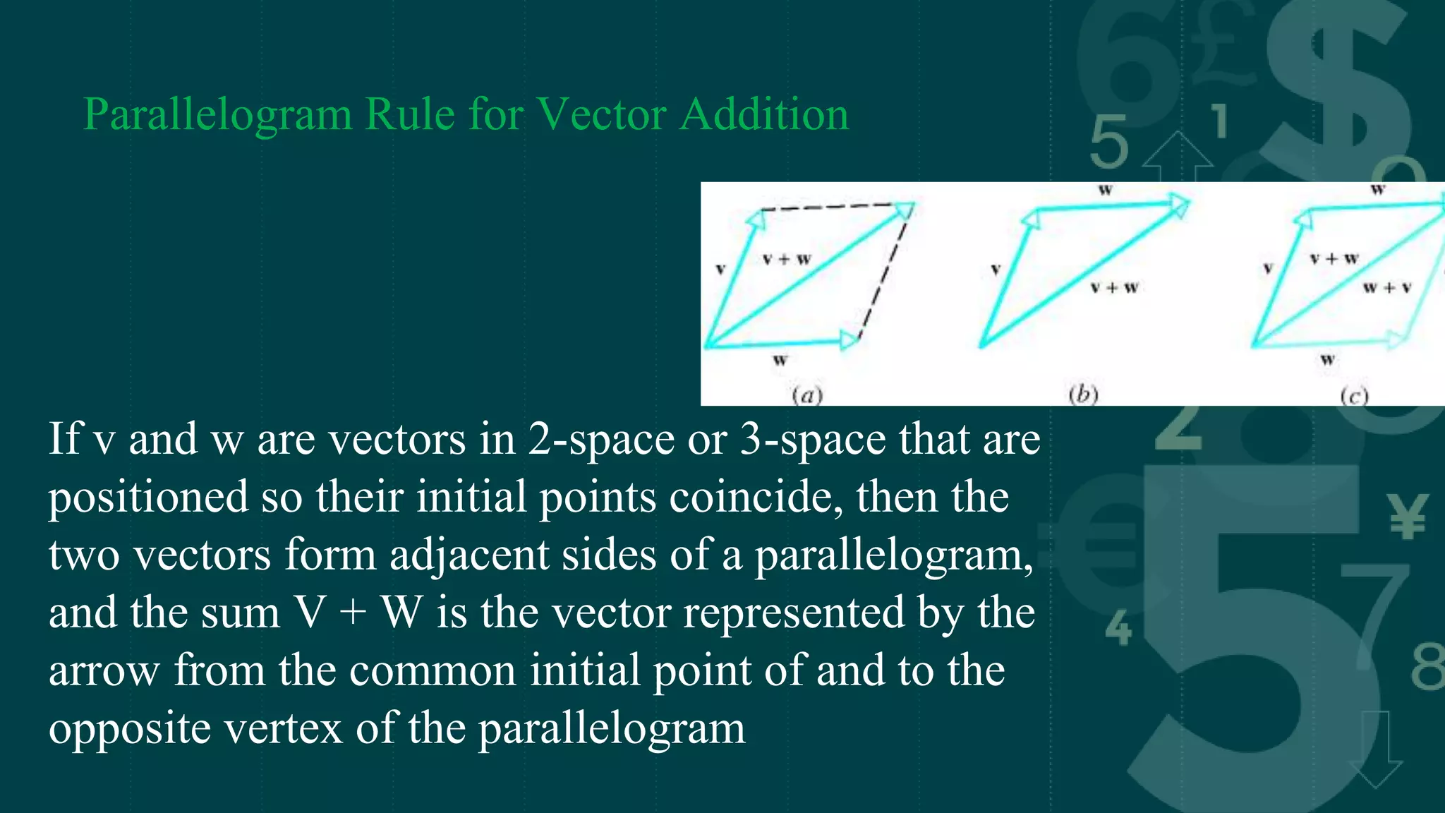 Parallelogram Rule for Vector Addition
If v and w are vectors in 2-space or 3-space that are
positioned so their initial points coincide, then the
two vectors form adjacent sides of a parallelogram,
and the sum V + W is the vector represented by the
arrow from the common initial point of and to the
opposite vertex of the parallelogram
 