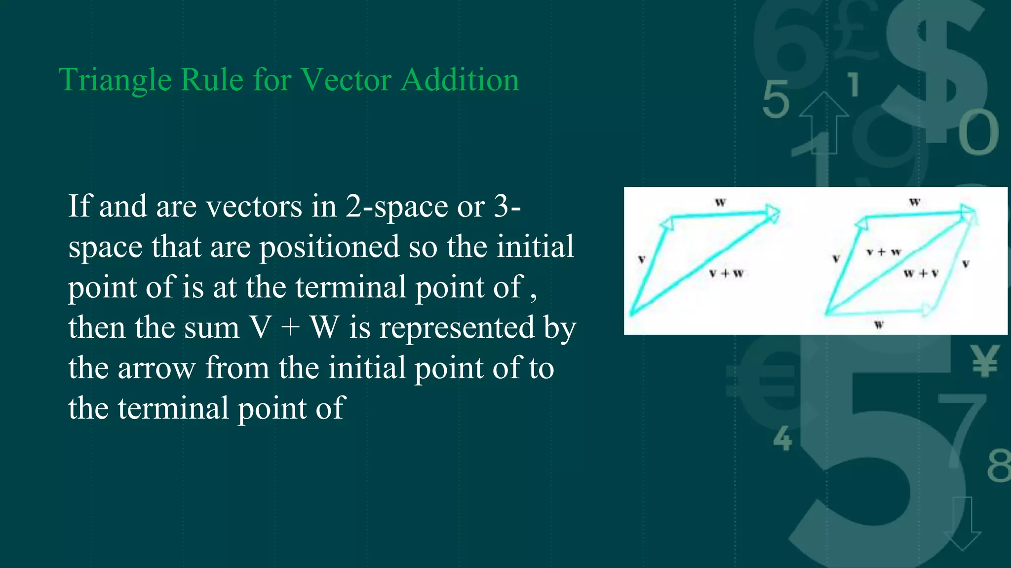 Triangle Rule for Vector Addition
If and are vectors in 2-space or 3-
space that are positioned so the initial
point of is at the terminal point of ,
then the sum V + W is represented by
the arrow from the initial point of to
the terminal point of
 