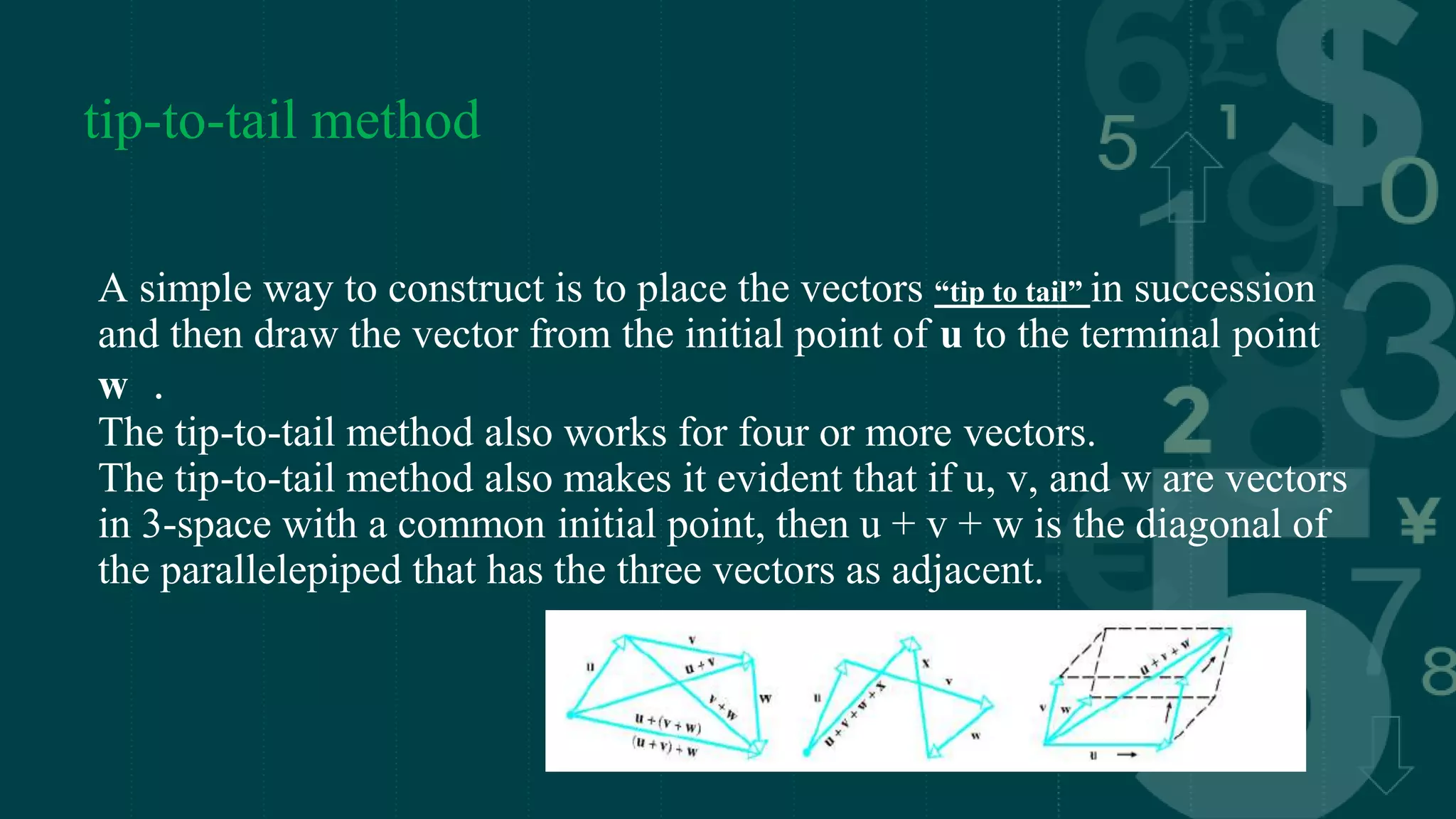 tip-to-tail method
A simple way to construct is to place the vectors “tip to tail” in succession
and then draw the vector from the initial point of u to the terminal point
w .
The tip-to-tail method also works for four or more vectors.
The tip-to-tail method also makes it evident that if u, v, and w are vectors
in 3-space with a common initial point, then u + v + w is the diagonal of
the parallelepiped that has the three vectors as adjacent.
 