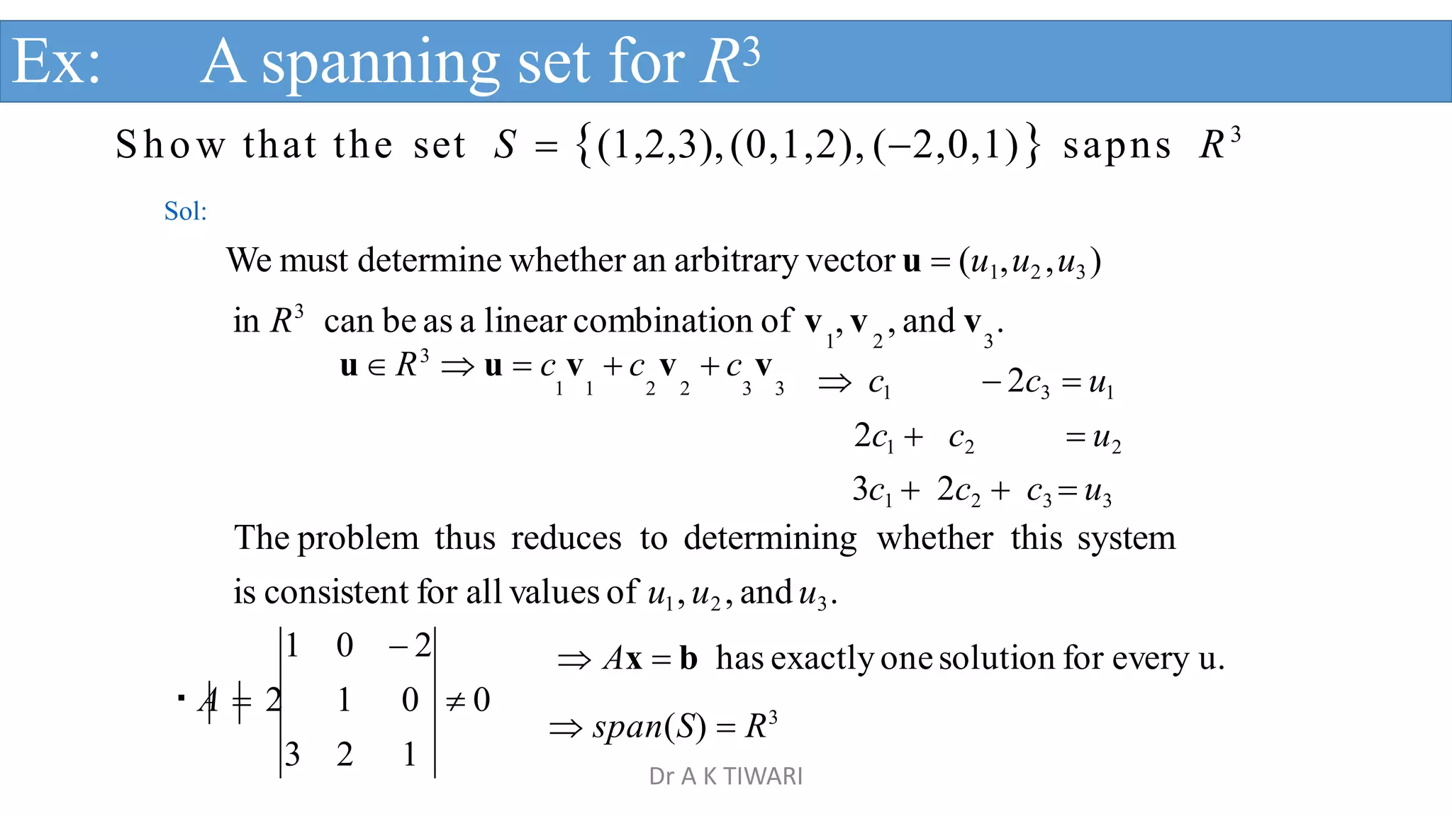 Ex: A spanning set for R3
Show that the set S  (1,2,3),(0,1,2), (2,0,1) sapns R3
Sol:
We must determine whether an arbitrary vector u  (u1,u2 ,u3 )
in R3
can be as a linear combination of v , v , and v .
1 2 3
u R3
 u  c v  c v  c v
1 1 2 2 3 3
3c1  2c2  c3  u3
The problem thus reduces to determining whether this system
is consistent for all values of u1, u2 , and u3.
 c1  2c3  u1
2c1  c2  u2
1 0  2
A  2 1 0  0
3 2 1
 Ax  b has exactlyonesolution for every u.
 span(S)  R3
Dr A K TIWARI
 