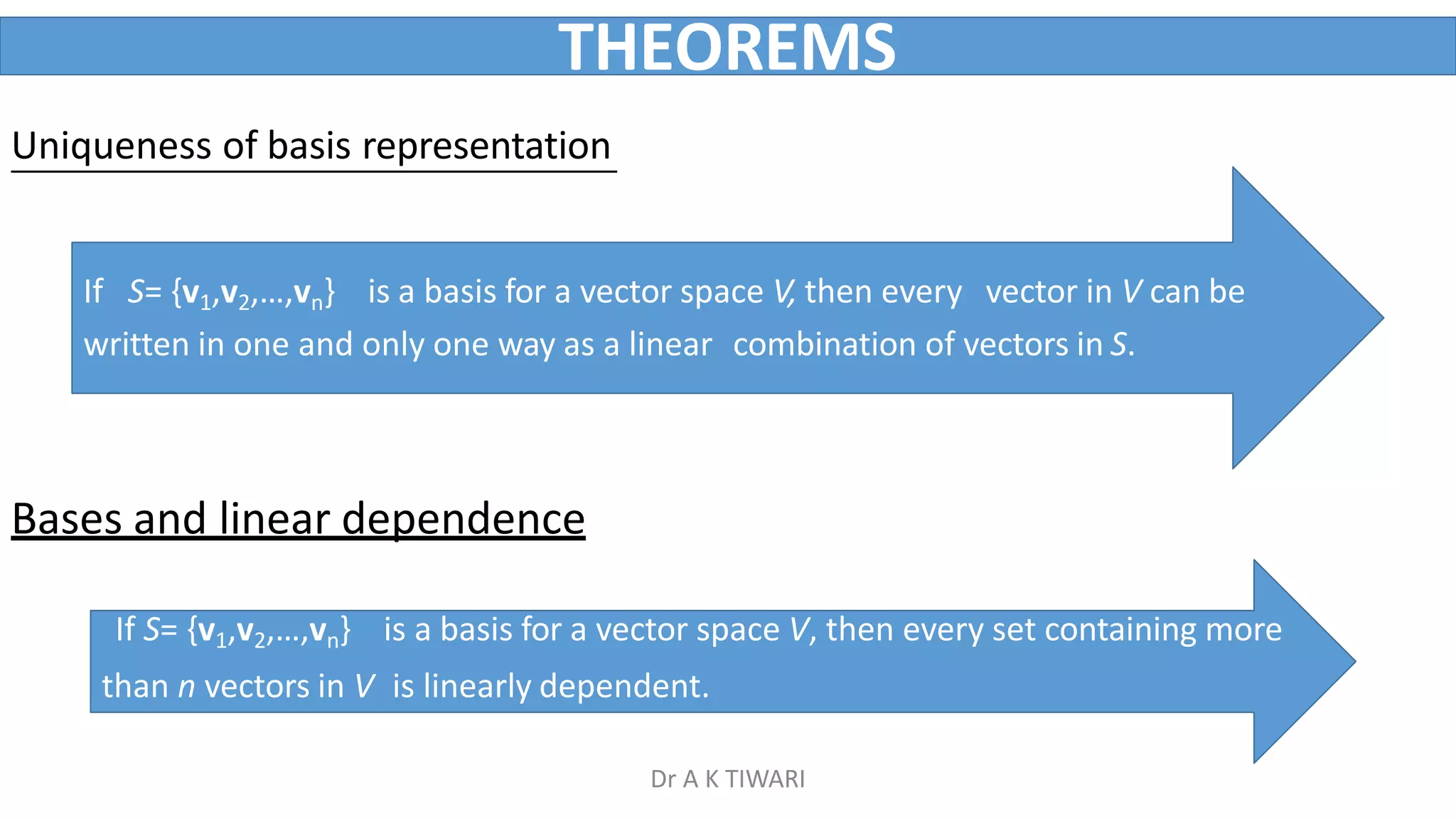 THEOREMS
Uniqueness of basis representation
If S= {v1,v2,…,vn} is a basis for a vector space V, then every vector in V can be
written in one and only one way as a linear combination of vectors in S.
Bases and linear dependence
If S= {v1,v2,…,vn} is a basis for a vector space V, then every set containing more
than n vectors in V is linearly dependent.
Dr A K TIWARI
 