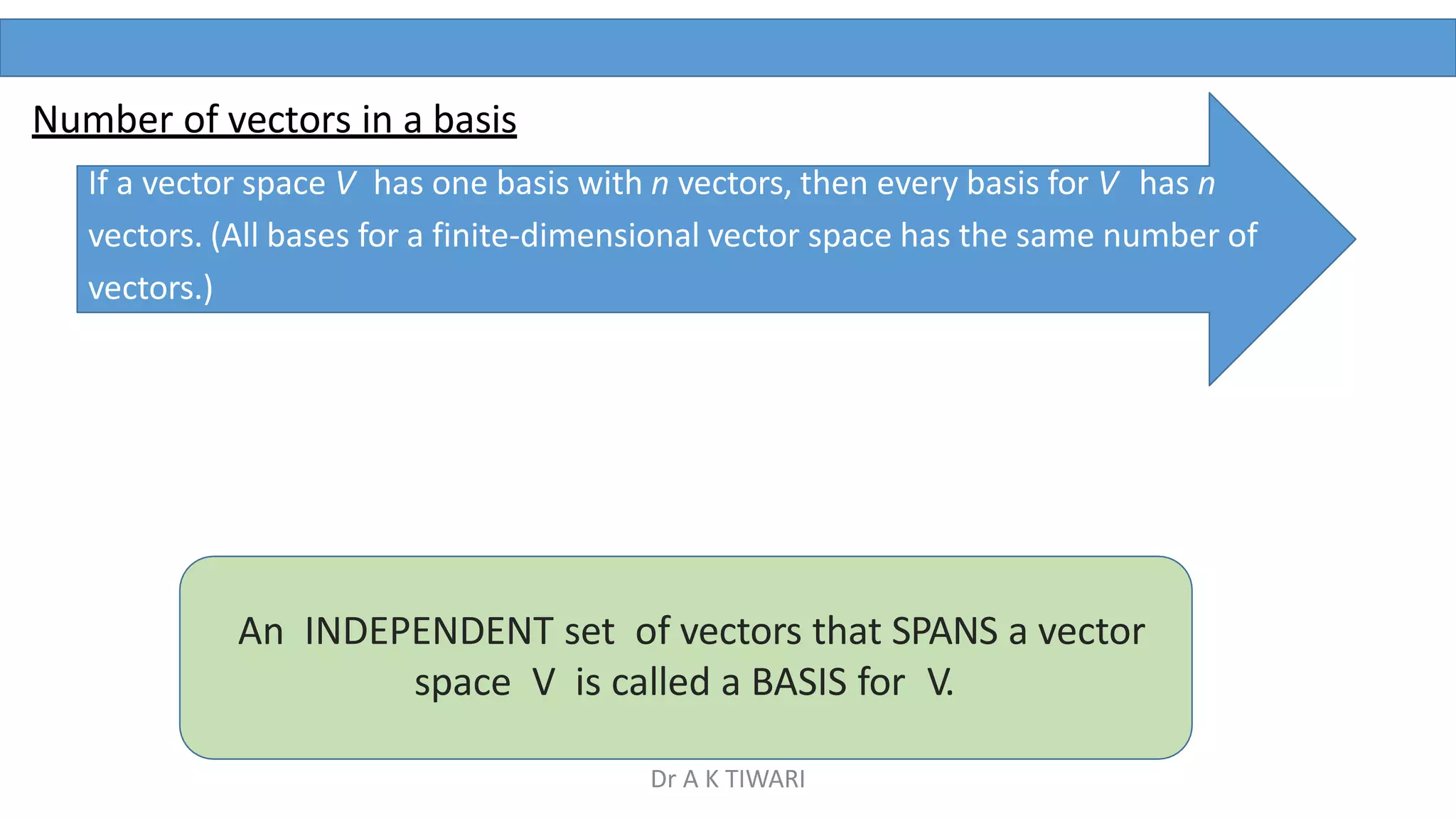 If a vector space V has one basis with n vectors, then every basis for V has n
vectors. (All bases for a finite-dimensional vector space has the same number of
vectors.)
Number of vectors in a basis
An INDEPENDENT set of vectors that SPANS a vector
space V is called a BASIS for V.
Dr A K TIWARI
 