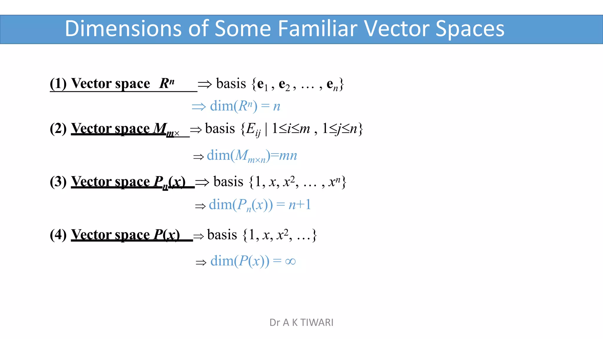 Dimensions of Some Familiar Vector Spaces
(1) Vector space Rn  basis {e1 , e2 ,  , en}
 dim(Rn) = n
(2) Vector space Mm  basis {Eij | 1im , 1jn}
 dim(Mmn)=mn
(3) Vector space Pn(x)  basis {1, x, x2,  , xn}
 dim(Pn(x)) = n+1
(4) Vector space P(x)  basis {1, x, x2, }
 dim(P(x)) = 
Dr A K TIWARI
 