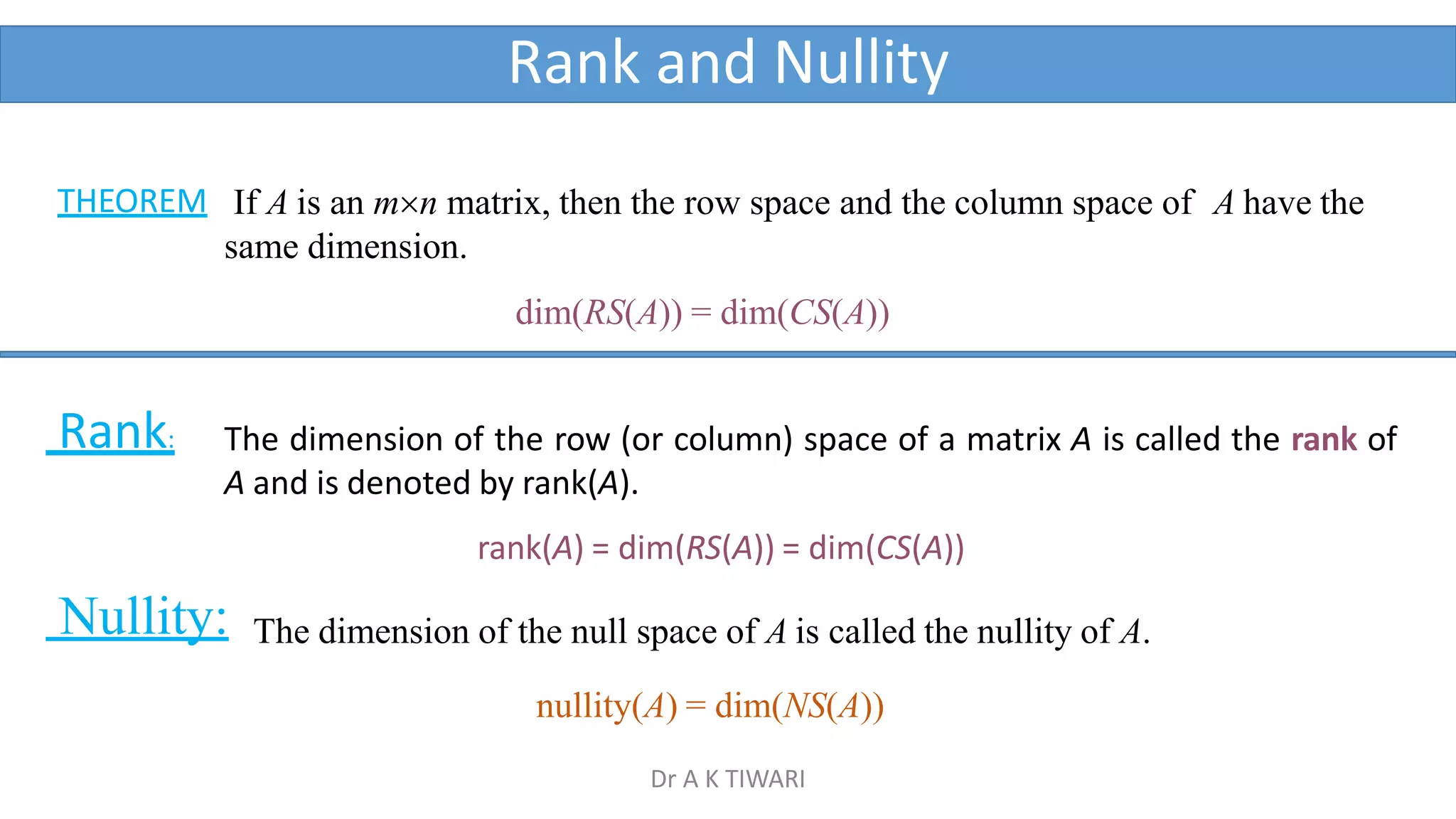 Rank and Nullity
If A is an mn matrix, then the row space and the column space of A have the
same dimension.
dim(RS(A)) = dim(CS(A))
THEOREM
The dimension of the row (or column) space of a matrix A is called the rank of
A and is denoted by rank(A).
rank(A) = dim(RS(A)) = dim(CS(A))
Rank:
Nullity: The dimension of the null space of A is called the nullity of A.
nullity(A) = dim(NS(A))
Dr A K TIWARI
 
