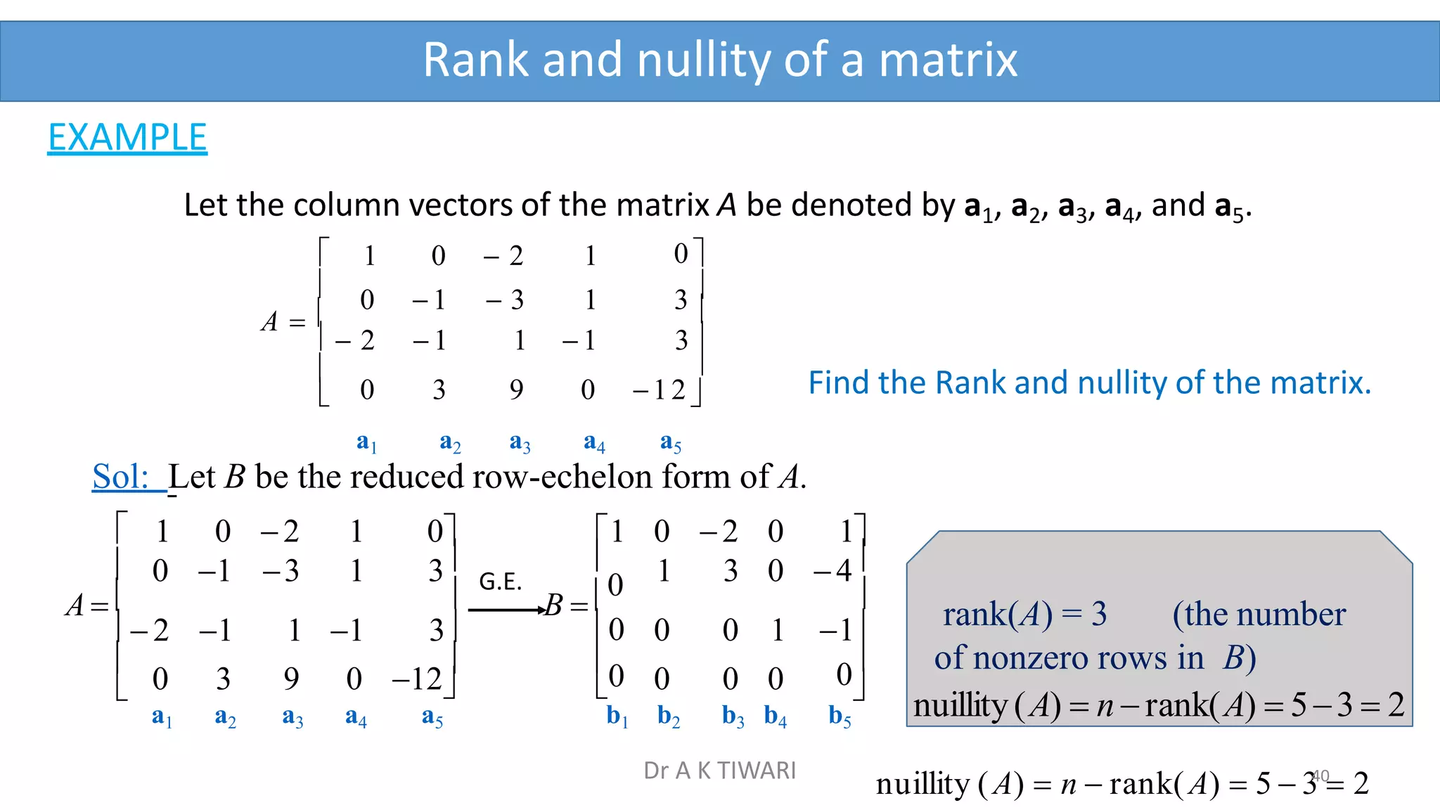 Rank and nullity of a matrix
EXAMPLE
Let the column vectors of the matrix A be denoted by a1, a2, a3, a4, and a5.




0

A  
1 0  2 1
0  1  3 1 3
 2  1 1  1 3

0 3 9 0 12
a1 a2 a3 a4 a5
Find the Rank and nullity of the matrix.
Sol: Let B be the reduced row-echelon form of A.






0
1
0
B  0
A  
1 0 2 1 0
0 1 3 1 3

 2 1 1 1 3
0 3 9 0 12
a1 a2 a3 a4 a5
1 0 2 0 1
 1 3 0 4

0 0 1
 0 0 0
b1 b2 b3 b4 b5
G.E.
rank(A) = 3 (the number
0 of nonzero rows in B)
nuillity(A)  n rank(A)  53  2
nuillity (A)  n  rank(A)  5  3
40
 2
Dr A K TIWARI
 