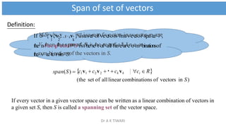 Span of set of vectors
span(S)  c1v1  c2v2 ci  R
(the set of all linear combinations of vectors in S)
If every vector in a given vector space can be written as a linear combination of vectors in
a given set S, then S is called a spanning set of the vector space.
  ck vk
Definition:
If ISf=S{=v{,vv1
,,
v
…
2
,
…
,v,}vk
i}siassaetseotfovfevcteocrtsorisnianvaevcteocrtosrpaspceacVe,
1 2 k
theVn,tthheenspthaensopfanSoifstSheissethteofseatllolfinaellarlicnoemarbinationsof
thecovmecbtionrastiinonSs.
of the vectors in S.
Dr A K TIWARI
 