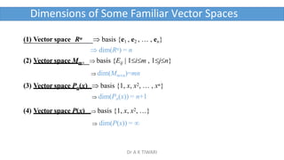 Dimensions of Some Familiar Vector Spaces
(1) Vector space Rn  basis {e1 , e2 ,  , en}
 dim(Rn) = n
(2) Vector space Mm  basis {Eij | 1im , 1jn}
 dim(Mmn)=mn
(3) Vector space Pn(x)  basis {1, x, x2,  , xn}
 dim(Pn(x)) = n+1
(4) Vector space P(x)  basis {1, x, x2, }
 dim(P(x)) = 
Dr A K TIWARI
 