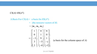 (a basis for the column space of A)
   
 
     1



2  6 1

3
 
 5
 


 3,  9 ,  1 
CS(A)=RS(AT)
ABasis For CS(A) = a basis for RS(AT)
= {the nonzero vectors of B}
= {w1, w2, w3}
 1   0   0 
 0   1   0 
Dr A K TIWARI
 