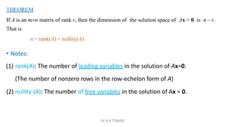 THEOREM
If A is an mn matrix of rank r, then the dimension of the solution space of Ax = 0 is n – r.
That is
n = rank(A) + nullity(A)
• Notes:
(1) rank(A): The number of leading variables in the solution of Ax=0.
(The number of nonzero rows in the row-echelon form of A)
(2) nullity (A): The number of free variables in the solution of Ax = 0.
Dr A K TIWARI
 