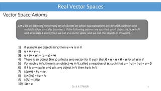 Vector Space Axioms
Real Vector Spaces
Let V be an arbitrary non empty set of objects on which two operations are defined, addition and
multiplication by scalar (number). If the following axioms are satisfied by all objects u, v, w in V
and all scalars k and l, then we call V a vector space and we call the objects in V vectors.
1) If u and v are objects in V, then u + v is in V
2) u + v = v + u
3) u + (v + w) = (u + v) + w
4) There is an object 0 in V, called a zero vector for V, such that 0 + u = u + 0 = u for all u in V
5) For each u in V, there is an object –u in V, called a negative of u, such that u + (-u) = (-u) + u = 0
6) If k is any scalar and u is any object in V then ku is in V
7) k(u+v) = ku + kv
8) (k+l)(u) = ku + lu
9) k(lu) = (kl)u
10) 1u = u
6
Dr A K TIWARI
 