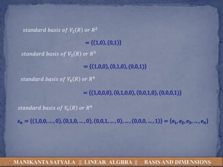 𝑠𝑡𝑎𝑛𝑑𝑎𝑟𝑑 𝑏𝑎𝑠𝑖𝑠 𝑜𝑓 𝑉2 𝑅 𝑜𝑟 𝑅2
𝑠𝑡𝑎𝑛𝑑𝑎𝑟𝑑 𝑏𝑎𝑠𝑖𝑠 𝑜𝑓 𝑉3 𝑅 𝑜𝑟 𝑅3
𝑠𝑡𝑎𝑛𝑑𝑎𝑟𝑑 𝑏𝑎𝑠𝑖𝑠 𝑜𝑓 𝑉4 𝑅 𝑜𝑟 𝑅4
𝑠𝑡𝑎𝑛𝑑𝑎𝑟𝑑 𝑏𝑎𝑠𝑖𝑠 𝑜𝑓 𝑉
𝑛 𝑅 𝑜𝑟 𝑅𝑛
MANIKANTA SATYALA || LINEAR ALGBRA || BASIS AND DIMENSIONS
 