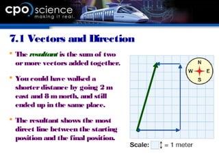 7.1 Vectors and Direction
 The resultant is the sum of two
ormore vectors added together.
 You could have walked a
shorterdistance by going 2 m
east and 8 m north, and still
ended up in the same place.
 The resultant shows the most
direct line between the starting
position and the final position.
 