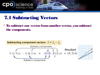 7.1 Subtracting Vectors
 To subtract one vectorfrom anothervector, you subtract
the components.
 