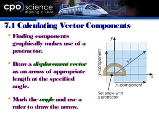 7.1 Calculating VectorComponents
 Finding components
graphically makes use of a
protractor.
 Draw a displacement vector
as an arrow of appropriate
length at the specified
angle.
 Markthe angleand use a
rulerto draw the arrow.
 