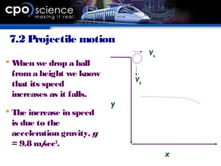 7.2 Projectile motion
Vx
Vy
x
y
 When we drop a ball
froma height we know
that its speed
increases as it falls.
 The increase in speed
is due to the
acceleration gravity, g
= 9.8 m/sec2
.
 