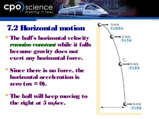 7.2 Horizontal motion
 The ball’s horizontal velocity
remains constant while it falls
because gravity does not
exert any horizontal force.
 Since there is no force, the
horizontal acceleration is
zero (ax = 0).
 The ball will keep moving to
the right at 5 m/sec.
 