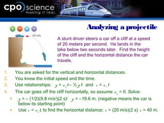 1. You are asked for the vertical and horizontal distances.
2. You know the initial speed and the time.
3. Use relationships: y = voyt – ½ g t2
and x = vox t
4. The car goes off the cliff horizontally, so assume voy = 0. Solve:
 y = – (1/2)(9.8 m/s2
)(2 s)2
y = –19.6 m. (negative means the car is
below its starting point)
 Use x = voxt, to find the horizontal distance: x = (20 m/s)(2 s) x = 40 m.
Analyzing a projectile
A stunt driver steers a car off a cliff at a speed
of 20 meters per second. He lands in the
lake below two seconds later. Find the height
of the cliff and the horizontal distance the car
travels.
 