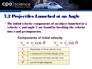 7.2 Projectiles Launched at an Angle
 The initial velocity components of an object launched at a
velocity vo and angle are found by breaking the velocityθ
into xand ycomponents.
 