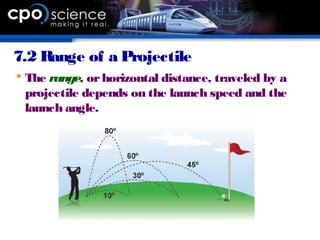 7.2 Range of a Projectile
 The range, orhorizontal distance, traveled by a
projectile depends on the launch speed and the
launch angle.
 