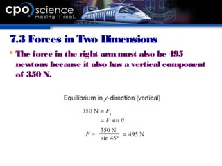 7.3 Forces in Two Dimensions
 The force in the right armmust also be 495
newtons because it also has a vertical component
of 350 N.
 