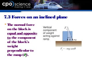 7.3 Forces on an inclined plane
 The normal force
on the blockis
equal and opposite
to the component
of the block’s
weight
perpendicularto
the ramp (Fy).
 