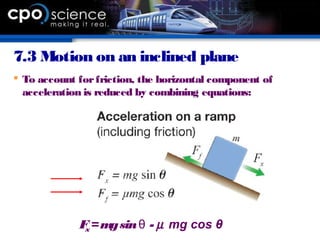 7.3 Motion on an inclined plane
 To account forfriction, the horizontal component of
acceleration is reduced by combining equations:
Fx=mgsin -θ µ mg cos θ
 