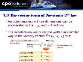 7.3 The vectorformof Newton’s 2nd
law
 An object moving in three dimensions can be
accelerated in the x, y, and z directions.
 The acceleration vector can be written in a similar
way to the velocity vector: a = (ax, ay, az) m/s2
.
 