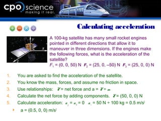 1. You are asked to find the acceleration of the satellite.
2. You know the mass, forces, and assume no friction in space.
3. Use relationships: F = net force and a = F ÷ m
4. Calculate the net force by adding components. F = (50, 0, 0) N
5. Calculate acceleration: ay = az = 0 ax = 50 N ÷ 100 kg = 0.5 m/s2
 a = (0.5, 0, 0) m/s2
Calculating acceleration
A 100-kg satellite has many small rocket engines
pointed in different directions that allow it to
maneuver in three dimensions. If the engines make
the following forces, what is the acceleration of the
satellite?
F1 = (0, 0, 50) N F2 = (25, 0, –50) N F3 = (25, 0, 0) N
 