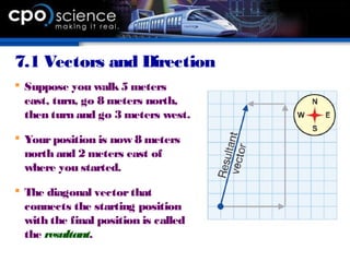 7.1 Vectors and Direction
 Suppose you walk5 meters
east, turn, go 8 meters north,
then turn and go 3 meters west.
 Yourposition is now 8 meters
north and 2 meters east of
where you started.
 The diagonal vectorthat
connects the starting position
with the final position is called
the resultant.
 