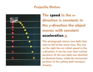 Projectile Motion

     The speed in the x-
     direction is constant; in
     the y-direction the object
     moves with constant
     acceleration g.
     This photograph shows two balls that
     start to fall at the same time. The one
     on the right has an initial speed in the
     x-direction. It can be seen that vertical
     positions of the two balls are identical
     at identical times, while the horizontal
     position of the yellow ball increases
     linearly.
 