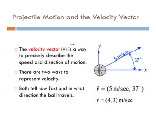 Projectile Motion and the Velocity Vector


  The velocity vector (v) is a way
  to precisely describe the
  speed and direction of motion.
  There are two ways to
  represent velocity.
  Both tell how fast and in what
  direction the ball travels.
 