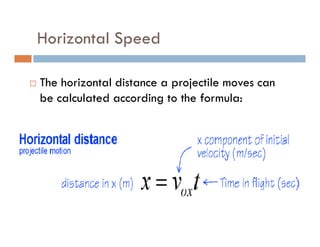 Horizontal Speed

The horizontal distance a projectile moves can
be calculated according to the formula:
 