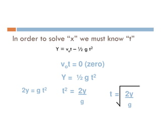 In order to solve “x” we must know “t”
              Y = vot – ½ g t2

                vot = 0 (zero)
                Y = ½ g t2
  2y = g t2     t2 = 2y          t = 2y
                        g
                                     g
 